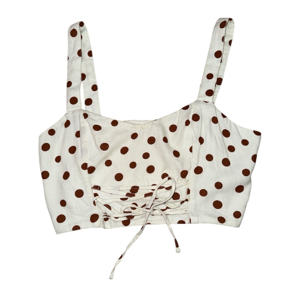 Abercrombie & Fitch BNWOT white brown polka dot crop front tie tank top women L - Picture 1 of 12